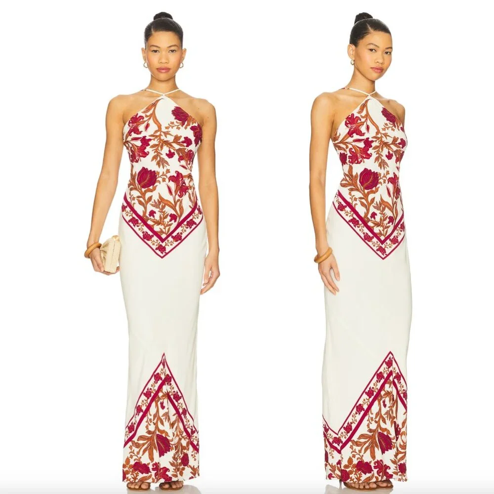 NEW ROCOCO SAND Bias Halter Maxi Dress Ivory & Burgundy White Red Halter Formal - Picture 2 of 2